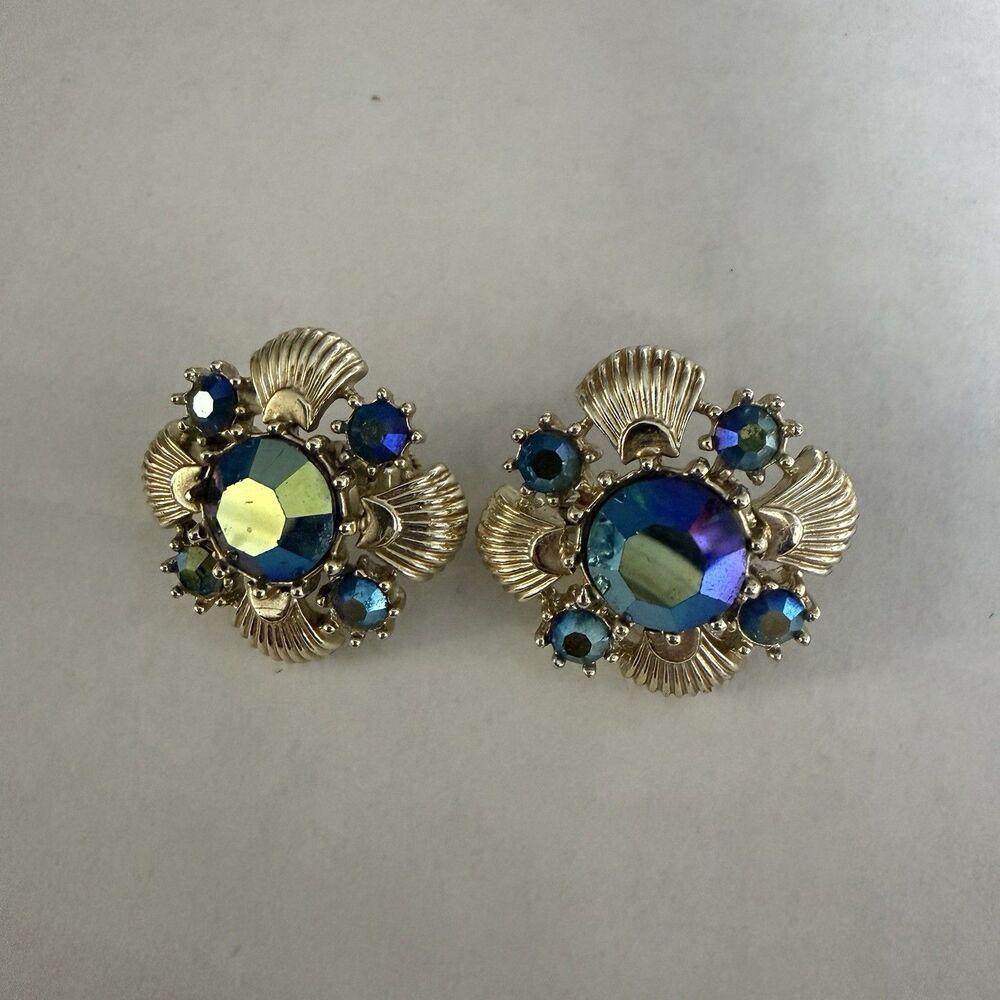 Vintage Aurora Borealis AB Rhinestone Clip On Earrings Gold Tone Blue Green